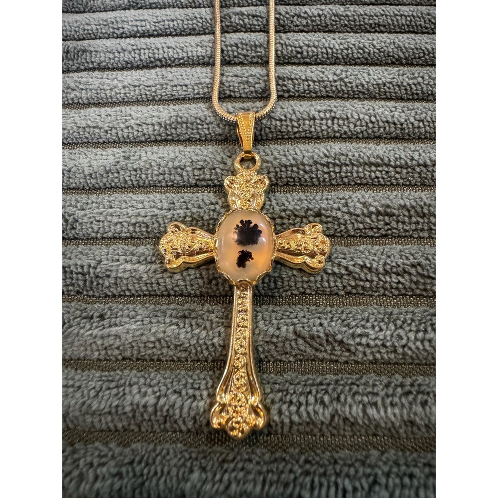 Gold Tone Cross Pendant Necklace with Dendritic Agate Stone Religious Jewelry‎